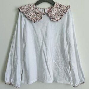 Girls White Long-Sleeve Top with Floral Peter Pan Collar